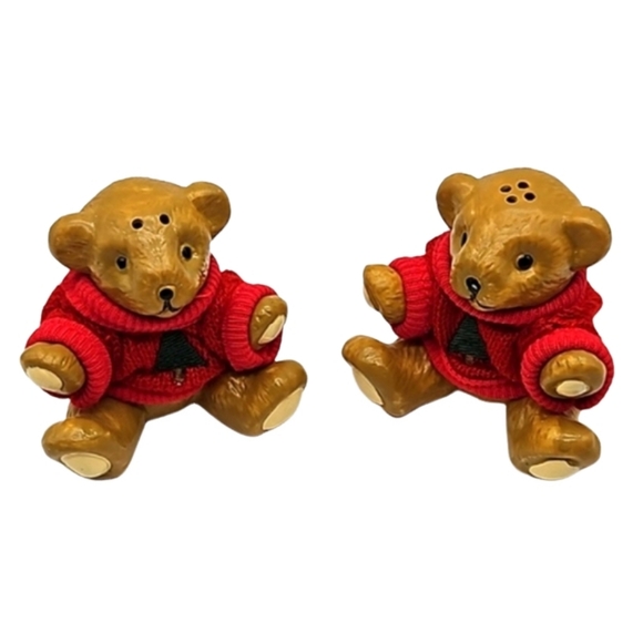 Teddy Bear Pair in Red Holiday Sweaters salt & pepper shakers with stoppers - Picture 8 of 8